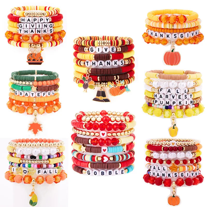 1/2 Uds. Conjunto de pulsera con colgante de hoja de arce de pavo de Acción de Gracias de Color aleatorio pulsera de cristal naranja de calabaza de cosecha de otoño