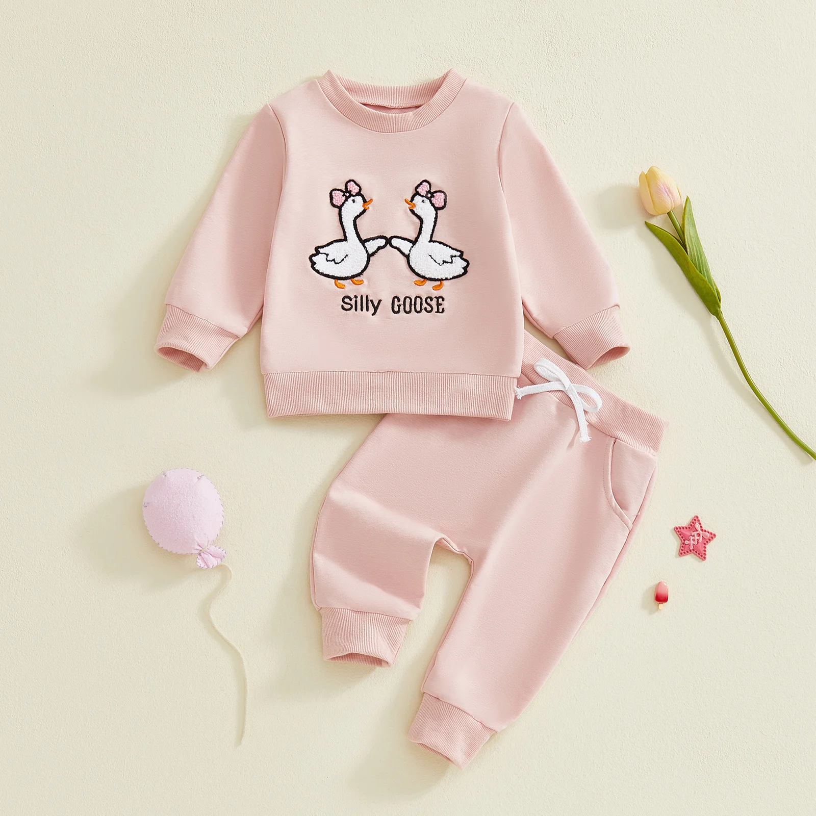 Conjunto de invierno para niña – Top bordado de ganso y pantalones