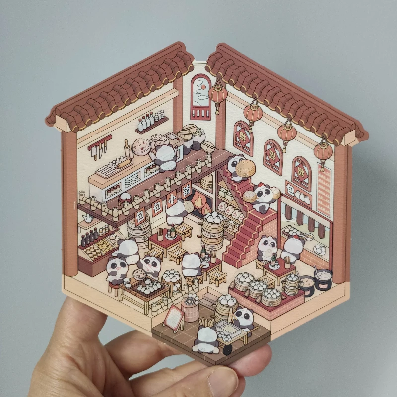 Pegatinas 3D paisajismo estilo chino escena de cabina dibujos animados