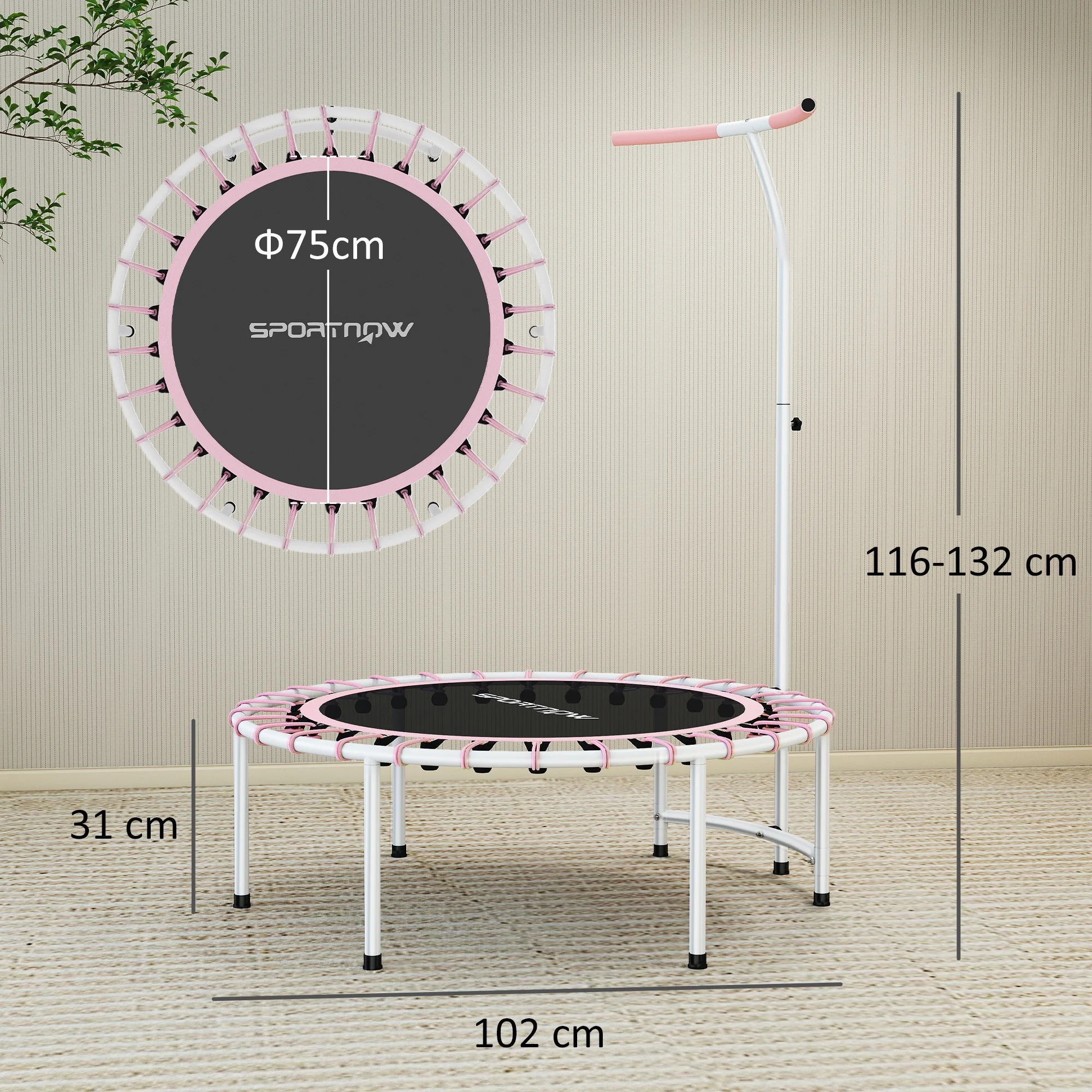 SPORTNOW Trampolín de Fitness Adultos Ø102 cm, Mini Cama Elástica Fitness con Mango Ajustable de 5 Niveles, Marco de Acero, para Entrenamiento Piernas, Cuerpo en Hogar, Oficina, Gimnasio, Rosa - imagen 3