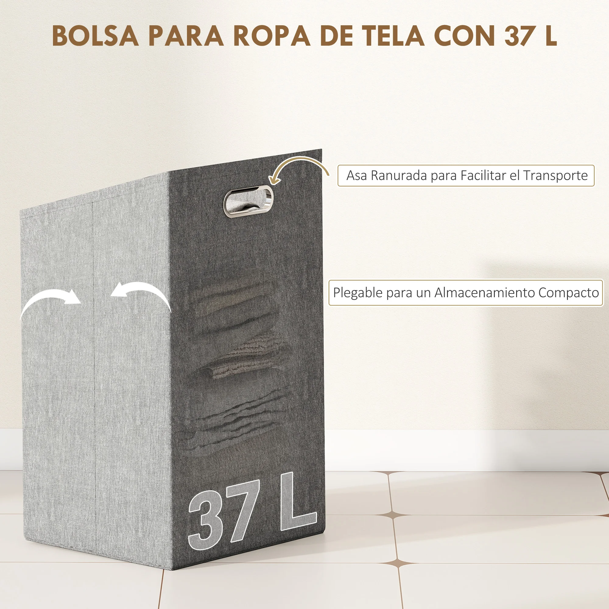 HOMCOM Mueble de Baño con Cesto Ropa Sucia, Mueble Ropa Sucia de Bambú, Bolsa de Ropa Extraíble y Lavable con Asa, 2 Estantes Abiertos, para Lavadero, 40x30x95 cm Natural y Gris - imagen 4