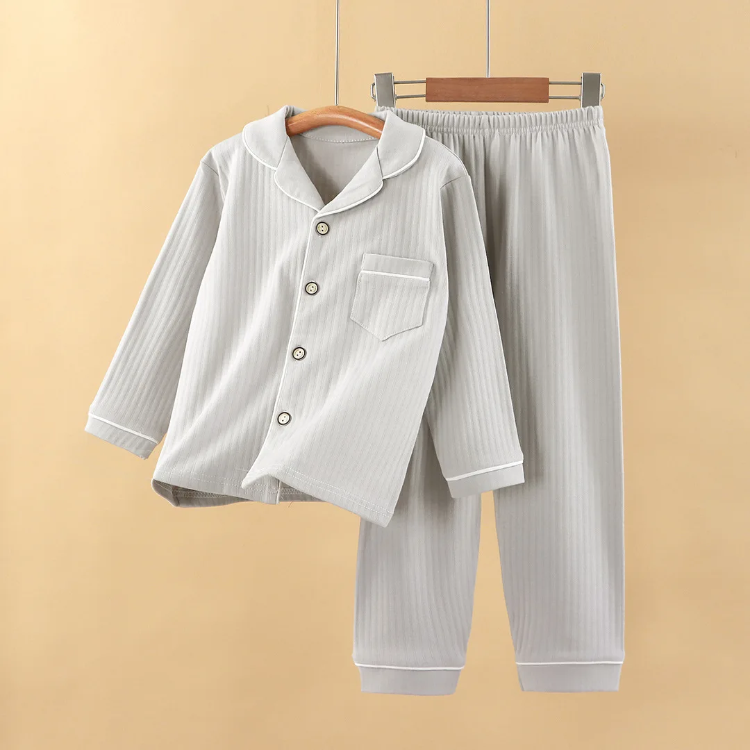 Spring Autumn Boys Girls Cute Solid Color Pajamas Home Wear Casual Long Sleeve Lapel Pyjamas Teen Sleepwear Clothing Sets - imagen 4