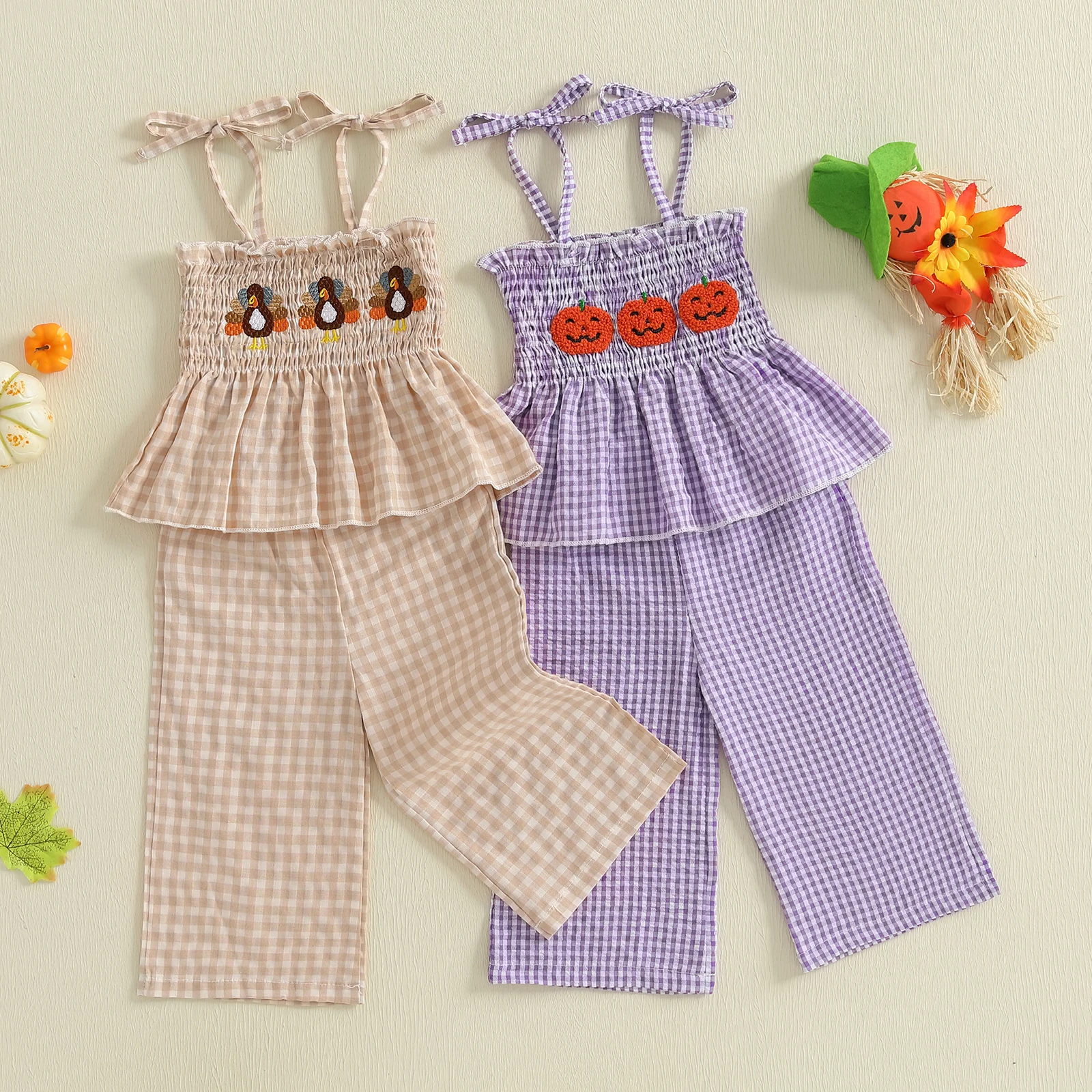 Traje de Halloween para niña pequeña, bordado de calabaza, fruncido, tirantes finos, Tops, pantalones de pierna ancha, conjunto a cuadros - imagen 2