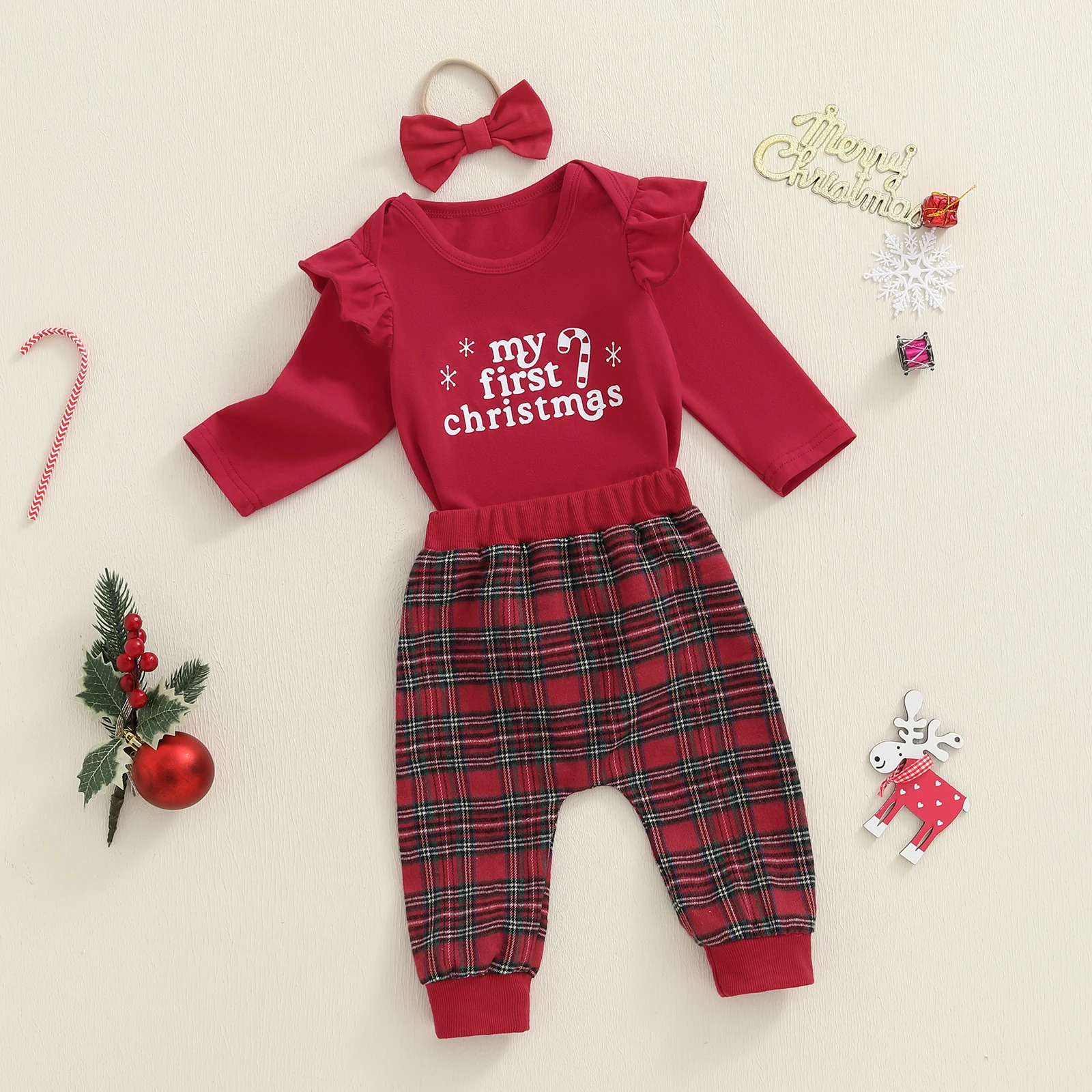 Conjuntos de ropa para niña de manga larga con estampado de letras navideñas, mameluco con pantalones a cuadros y diadema, trajes de 3 piezas - imagen 3