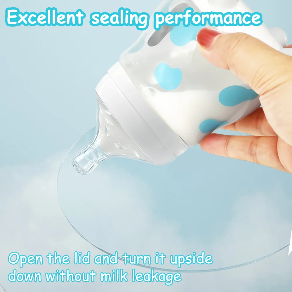 Biberón antiflatulencia con mango de dos colores PP de calibre ancho para recién nacido, bonito patrón de vaca, 180ml/270ml opcional - imagen 4