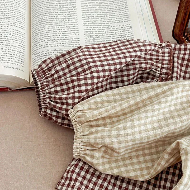 Conjunto de ropa para bebé de 0 a 2 años, blusa holgada a cuadros + Bloomer, traje de 2 uds., camisa y pantalones cortos para muñeca pequeña, primavera y otoño - imagen 5