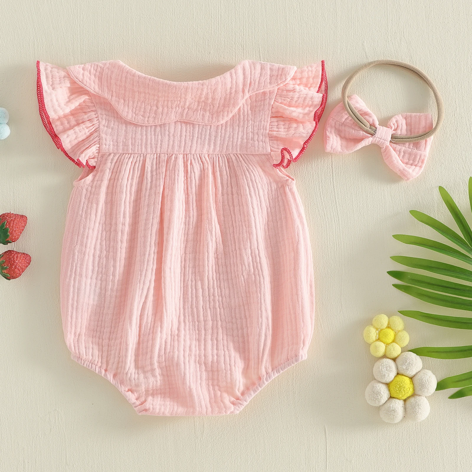 Conjunto de niña: pelele bordado de fresa con diadema y volantes - imagen 5