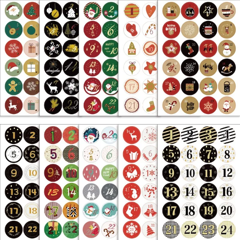 1 hoja de pegatinas de papel con números de calendario de Adviento de Feliz Navidad, galletas de Navidad, dulces, embalaje de regalo, etiquetas adhesivas de sellado, Año Nuevo