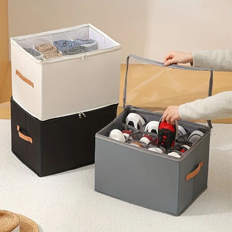 Organizador de zapatos plegable: caja a prueba de polvo de nailon Oxford |   Cremalleras de tapa y marrón, múltiples compartimentos que ahorran espacio para el hogar/viajes - imagen 3