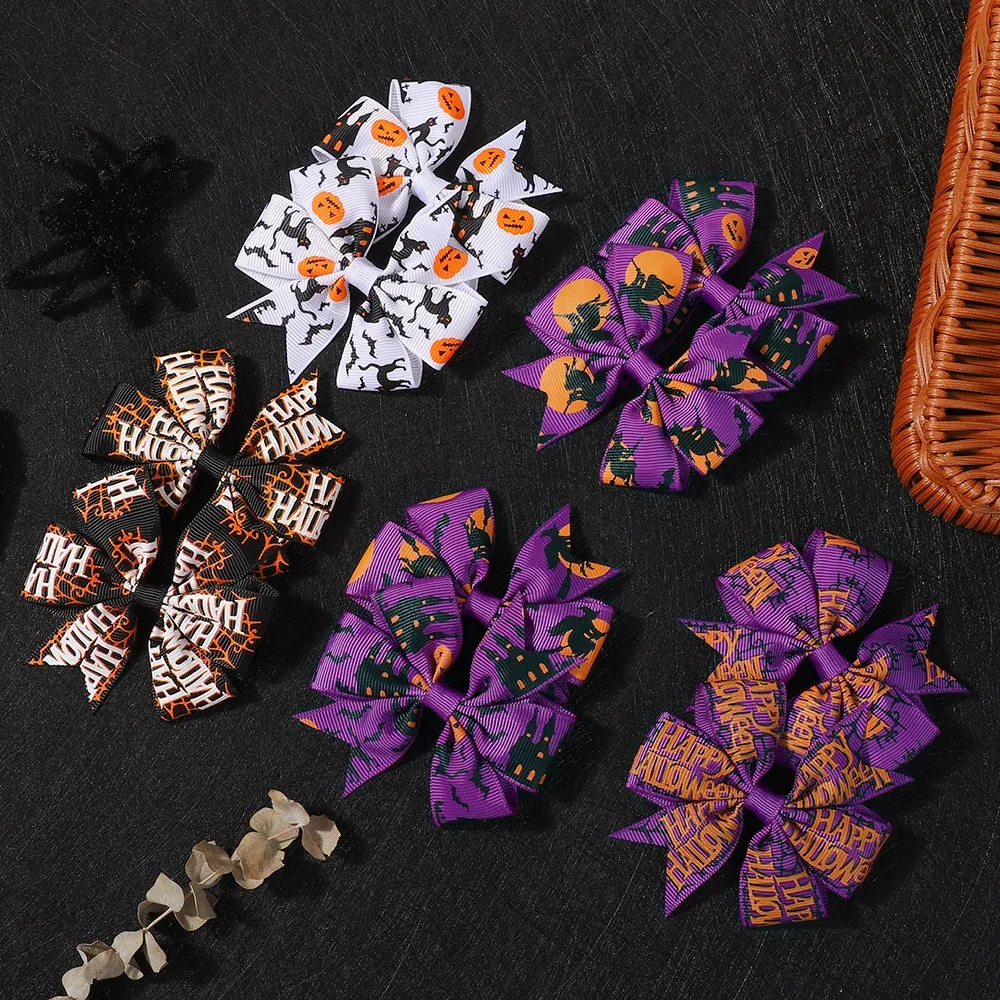 Pinzas de pelo Halloween para niña – Lazo murciélago y calabaza - imagen 2