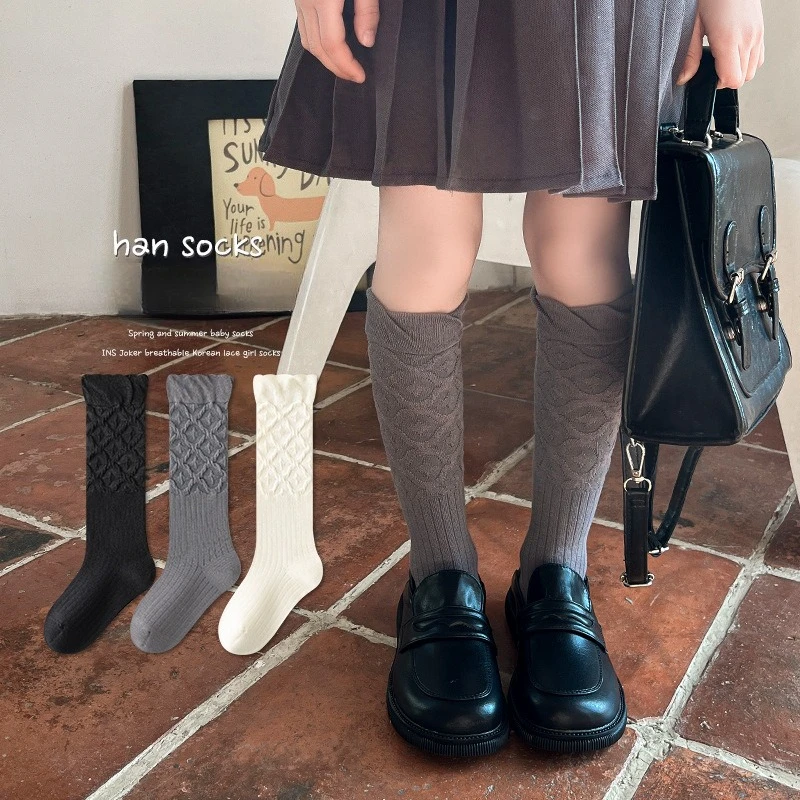 Calcetines hasta la rodilla de algodón peinado para niños, calcetines holgados Vintage con puños de burbujas para niñas, calcetines a media pantorrilla de estilo japonés sin costuras para primavera y otoño