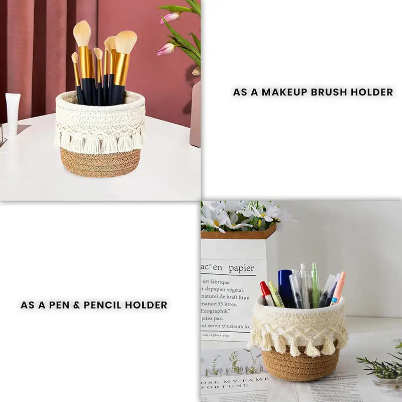 Cesta de almacenamiento de escritorio con borlas, caja de almacenamiento de brochas cosméticas, cestas de almacenamiento tejidas circulares, portalápices, necesidades diarias del hogar - imagen 2