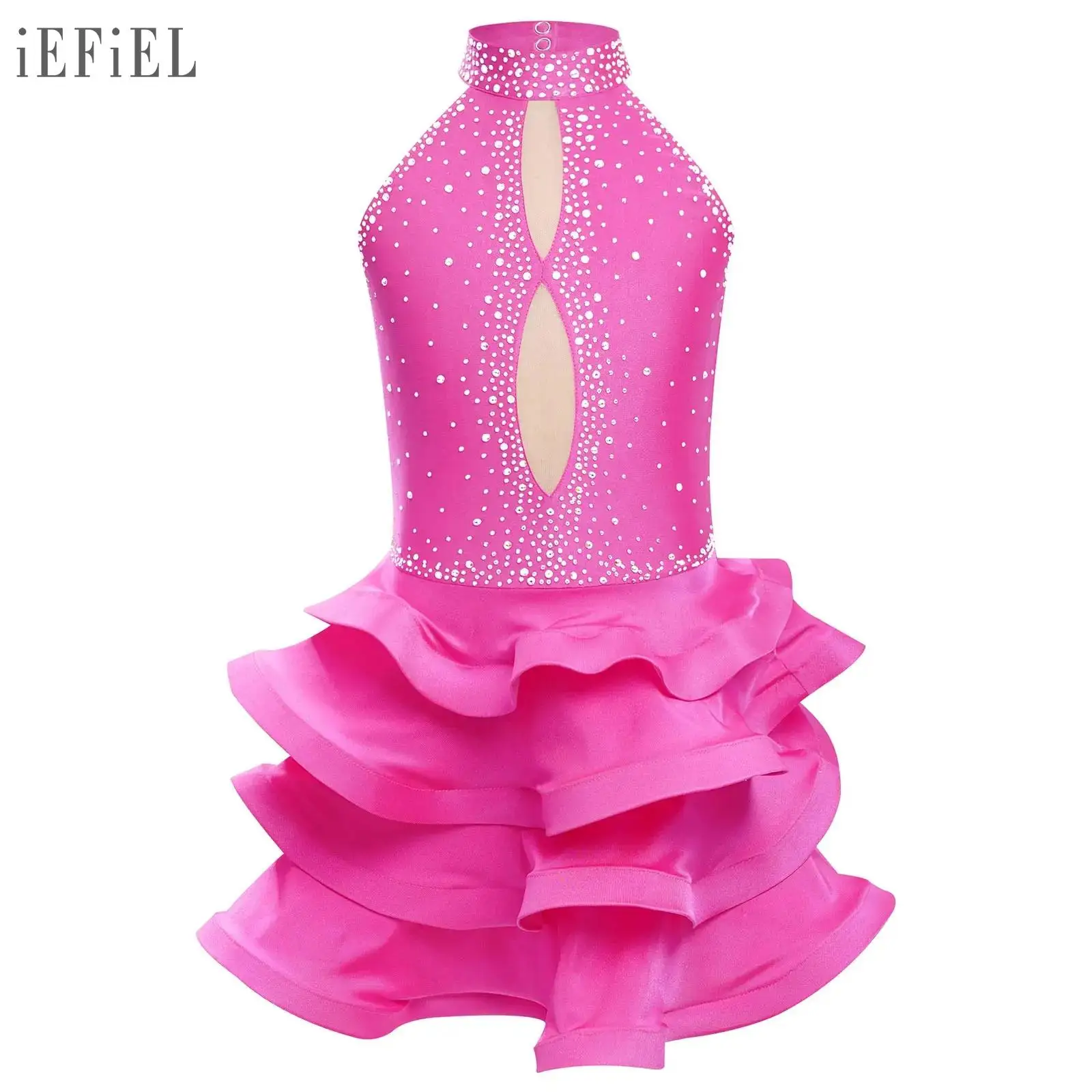 Vestido de baile de Jazz latino para niñas, disfraz de actuación sin mangas, Espalda descubierta, diamantes de imitación brillantes, vestido de tutú lírico de Ballet escalonado