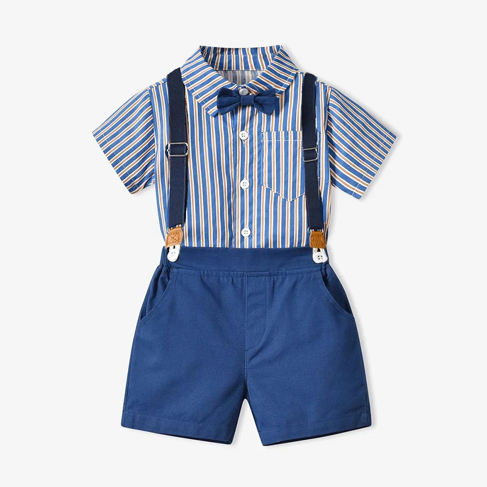 Camisa de manga corta a rayas para niños, conjunto de pantalones cortos con tirantes, trajes de verano para bebés, 70-140cm