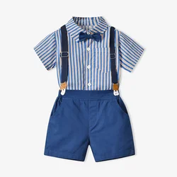 Camisa de manga corta a rayas para niños, conjunto de pantalones cortos con tirantes, trajes de verano para bebés, 70-140cm