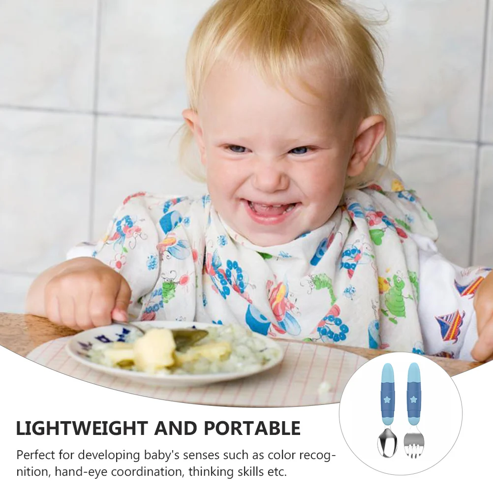 Juego de tenedor y cuchara de acero inoxidable para bebé, utensilio ligero y ergonómico para niños pequeños, vajilla para entrenamiento de alimentación, mano y ojo, 1 Juego - imagen 3