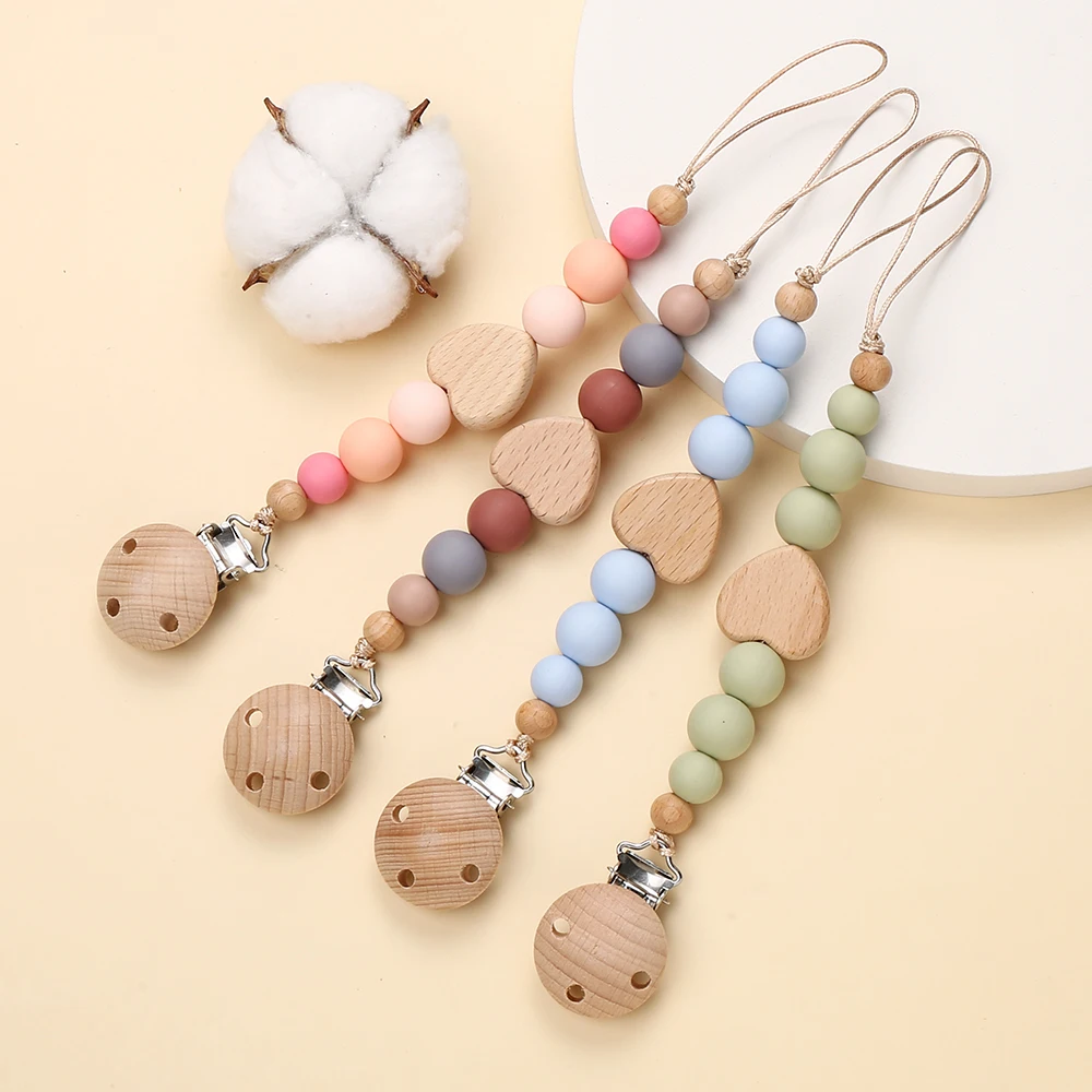 Nuevo corazón de madera de haya Clip bebé chupete cadena cuentas de silicona soporte para pezones protector mordedor colgante juguetes para masticar para recién nacidos regalo - imagen 4
