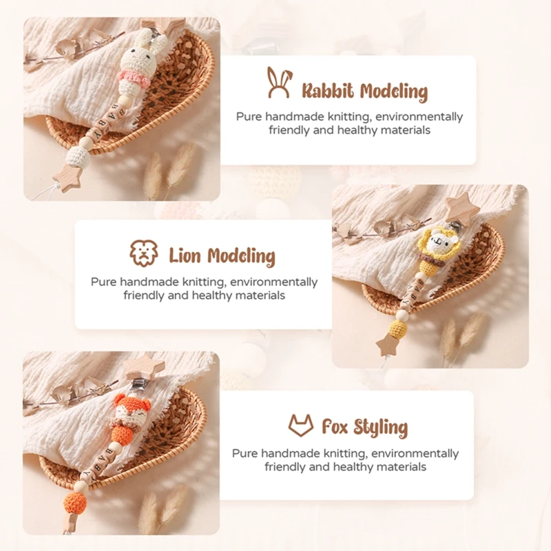 Cadena de chupete de madera personalizada para bebé, Clip de conejito de ganchillo sin BPA, soporte para pezón de recién nacido, accesorio de dentición, regalos - imagen 5
