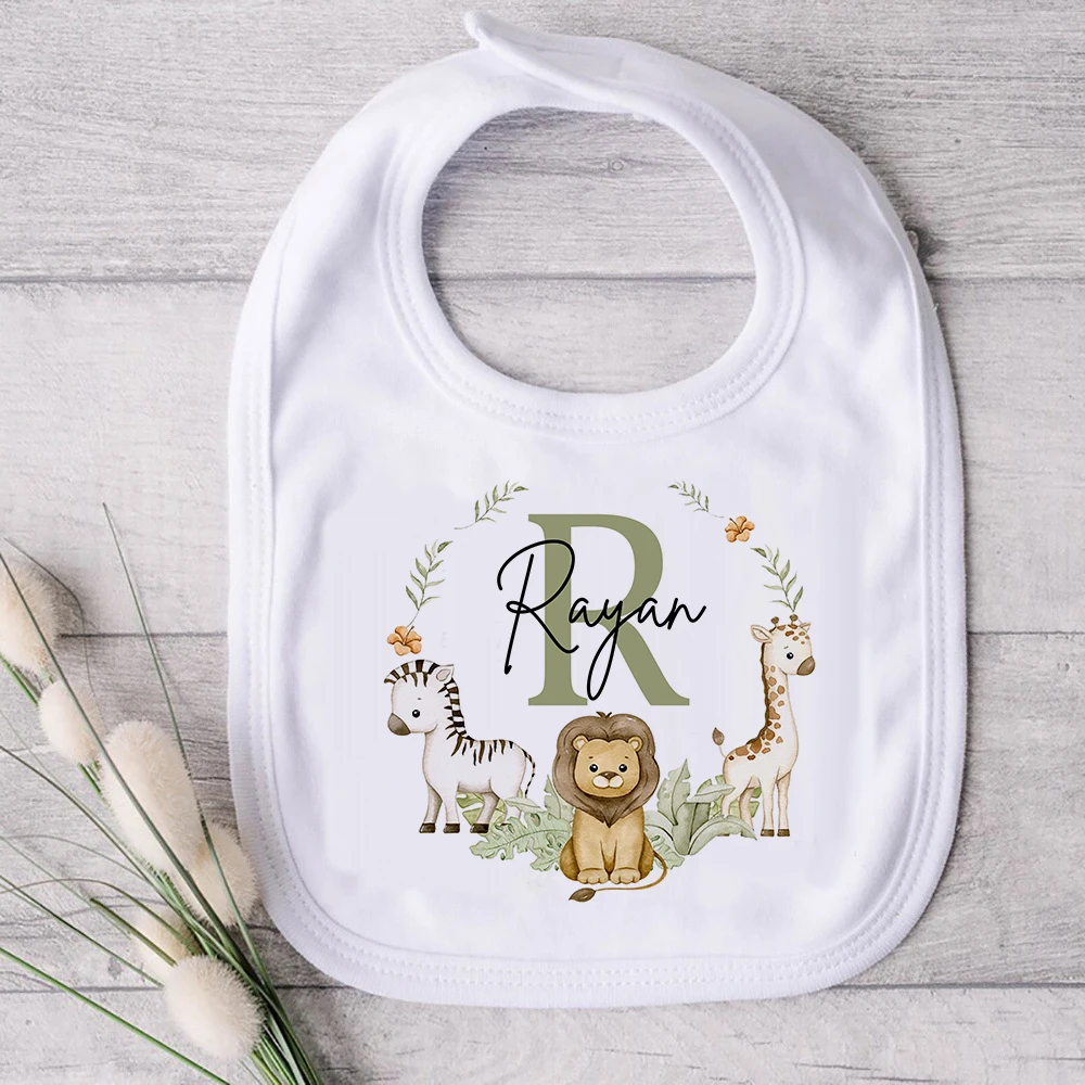 Babero personalizado para bebé, Baberos de animales de Safari con inicial con nombre, regalos de cumpleaños salvajes para recién nacidos, toalla para Saliva infantil, regalo para Baby Shower - imagen 5