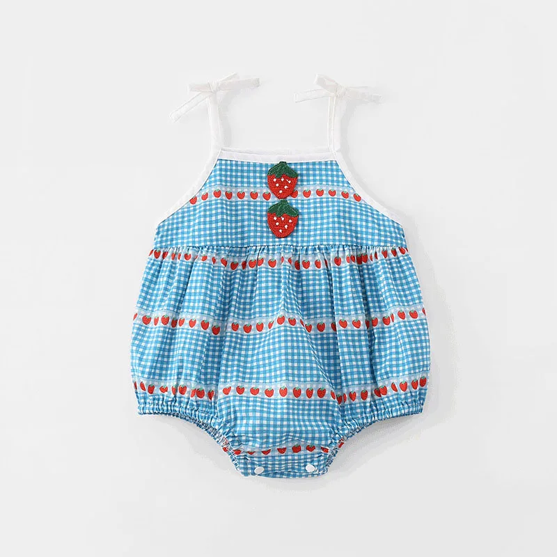 MILANCEL-Body con tirantes para bebé, novedad de verano, mono de una pieza con bordado de fresa a cuadros azules para niña pequeña
