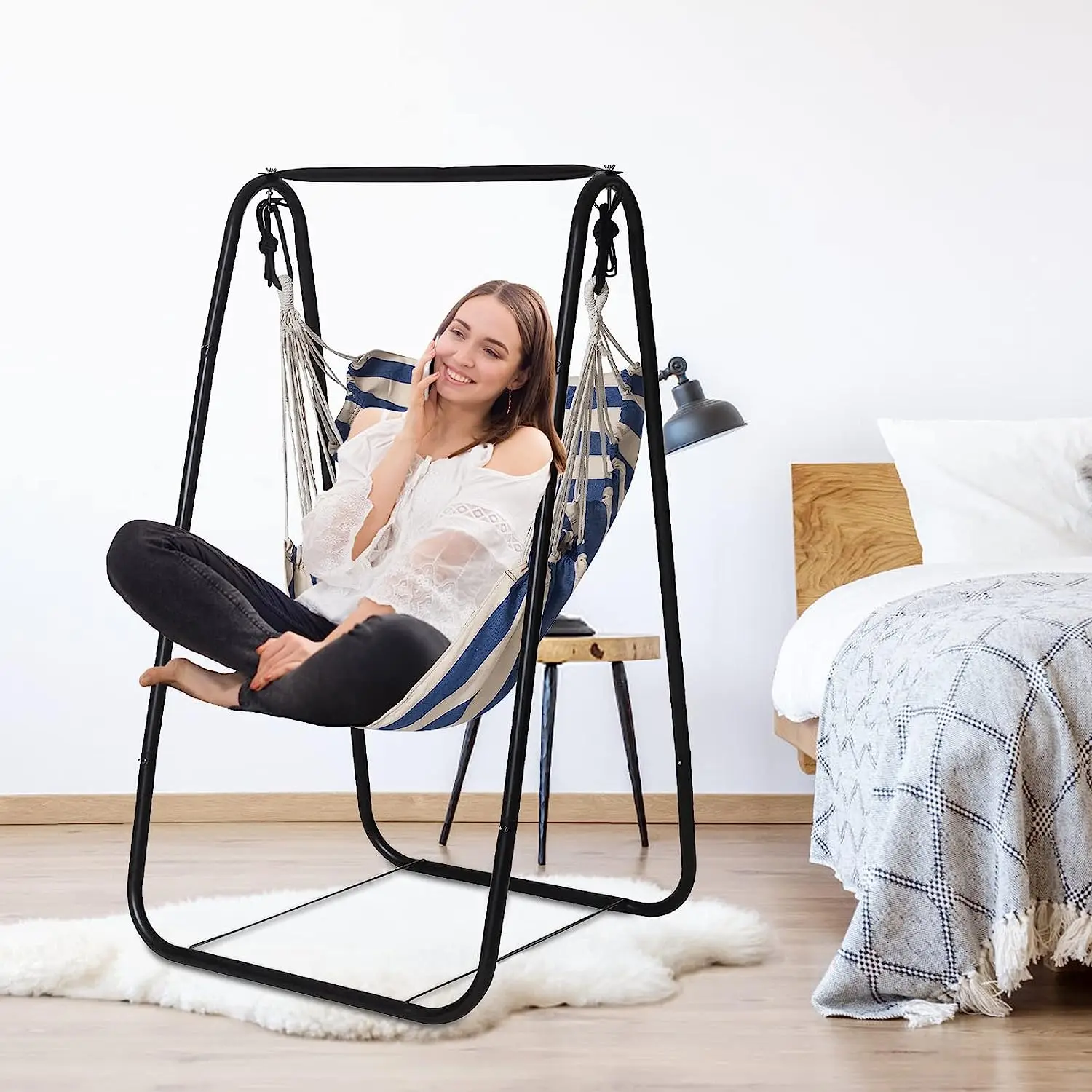 Silla tipo hamaca con soporte, columpio y silla resistentes para interiores y exteriores, resistente a la intemperie, carga máxima de 200 libras para columpio