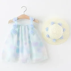 Ropa de verano para bebé, vestidos para niña pequeña, moda coreana, bonito vestido azul de malla sin mangas con flores + sombrero para el sol, ropa de Boutique para niños B086