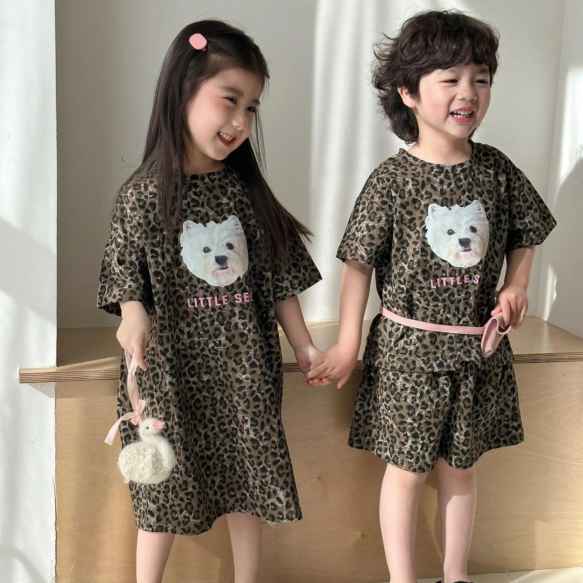 Ropa de hermano y hermana, vestido de leopardo para niñas, camiseta para niños, pantalones cortos, conjunto de ropa de 2 piezas - imagen 4