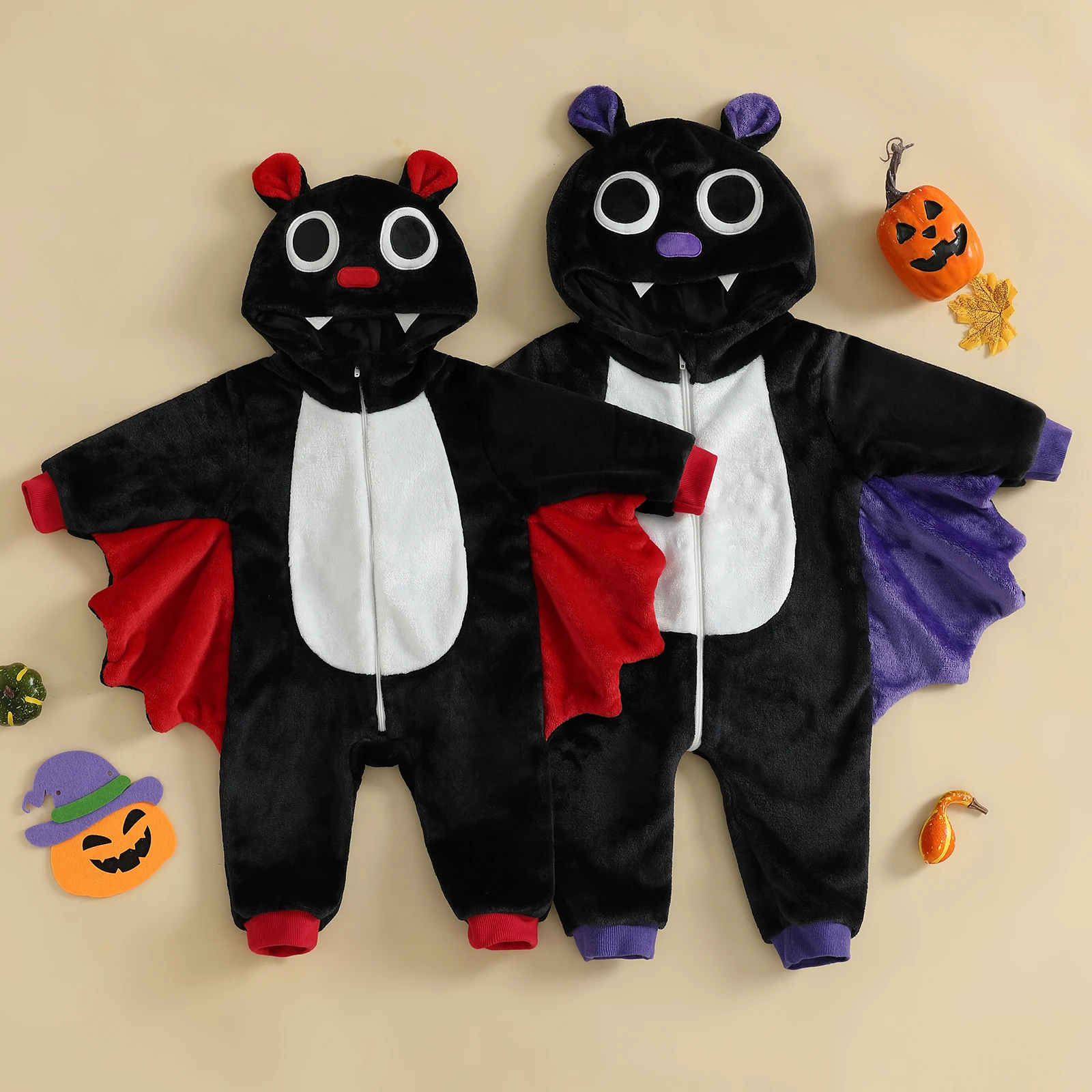 SUNSIOM-Disfraz de murciélago para niños de 1 a 5 años, ropa de Halloween, mono con capucha de manga larga, disfraz de Cosplay con cierre de cremallera de retales