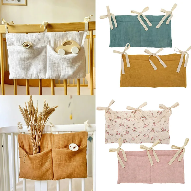 Bolsa colgante de almacenamiento para cuna de bebé, bolsillos dobles de algodón, colgante para cabecera, chupete, pañales, juguetes, organizador, bolsas, Kits de accesorios de cama