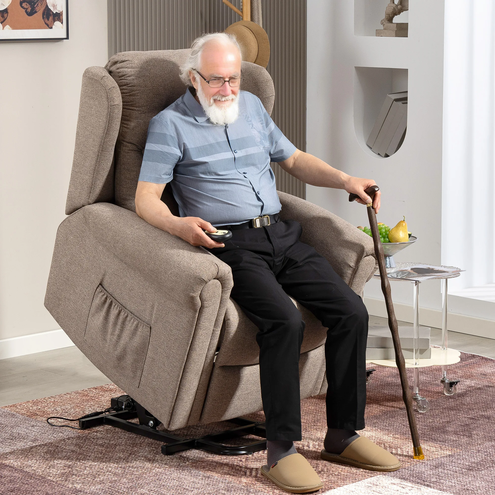 HOMCOM Sillón Relax Reclinable Eléctrico Levanta Personas Sillón Elevador con Respaldo Alto Capitoné Control Remoto Tapizado en Lino y Bolsillos Laterales