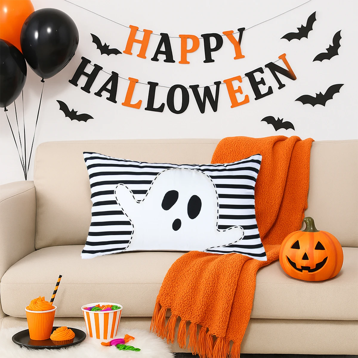Boo-funda de almohada decorativa de fondo negro para Halloween, funda de almohada con cintura de fantasma espeluznante, funda de cojín para sofá, decoración divertida para fiesta de Halloween, 1 ud. - imagen 5