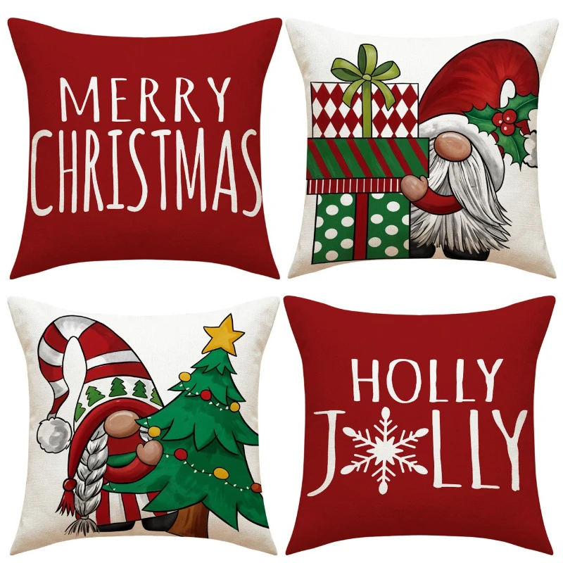 4 fundas de almohada navideñas, lindas fundas de almohada con estampado de Papá Noel y muñeco de nieve, cómoda funda de almohada de lino para decoración del hogar - imagen 2