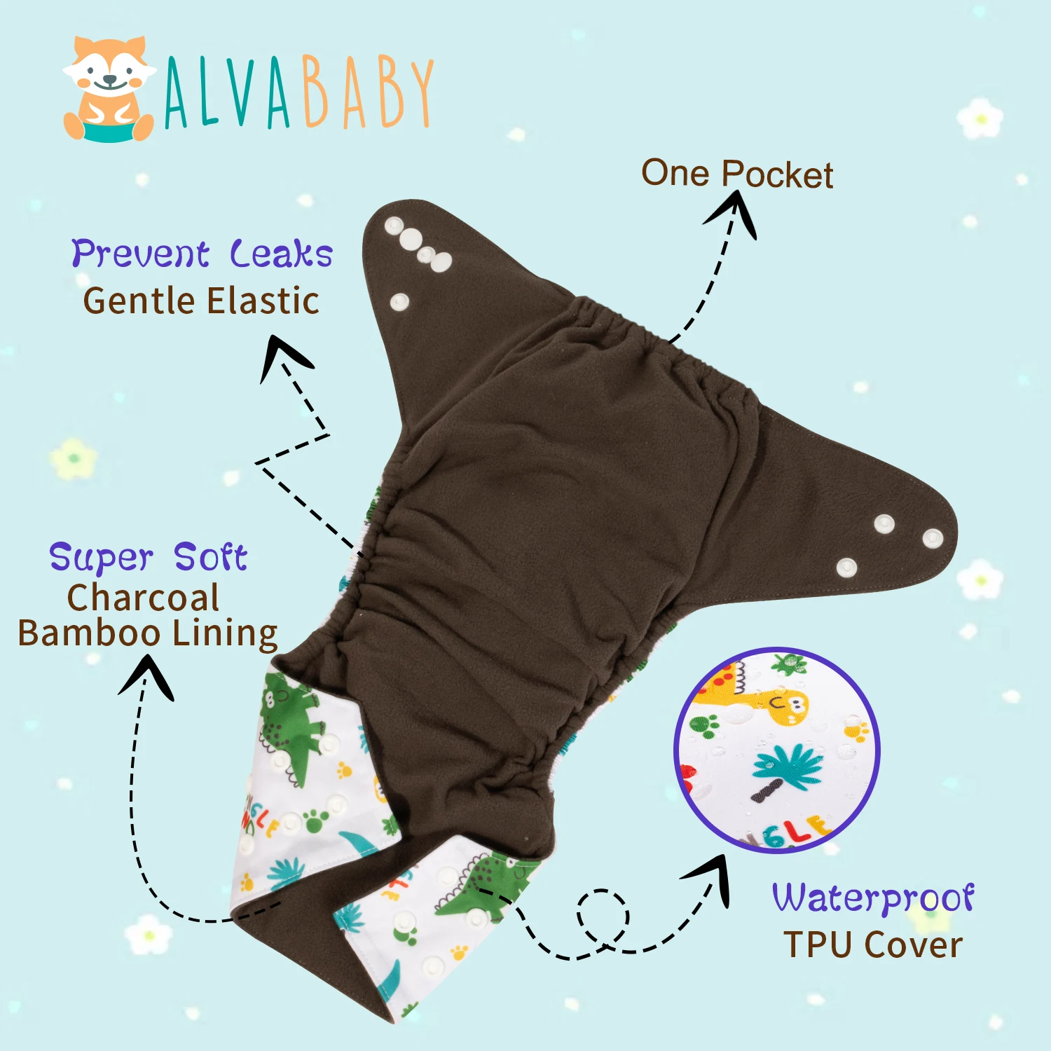 ALVABABY-pañal de tela para bebé de carbón de bambú, carcasa de pañal de tela moderna reutilizable para bebés de 3 a 15kg, broches ajustables, 1 ud. - imagen 2