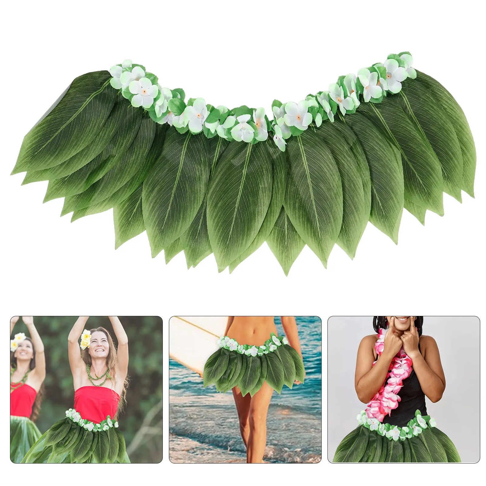 Vestido Floral de borde verde de imitación, faldas de fiesta en la playa para adultos y mujeres, suministro de flores, hoja hawaiana - imagen 4