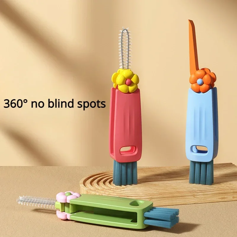 Juego de cepillos de limpieza de tapa de taza de pétalo lindo, Mini cepillo de limpieza de botella de taza PP, Mini limpiador de flores coloridas para viajes y hogar, 3 en 1 - imagen 3