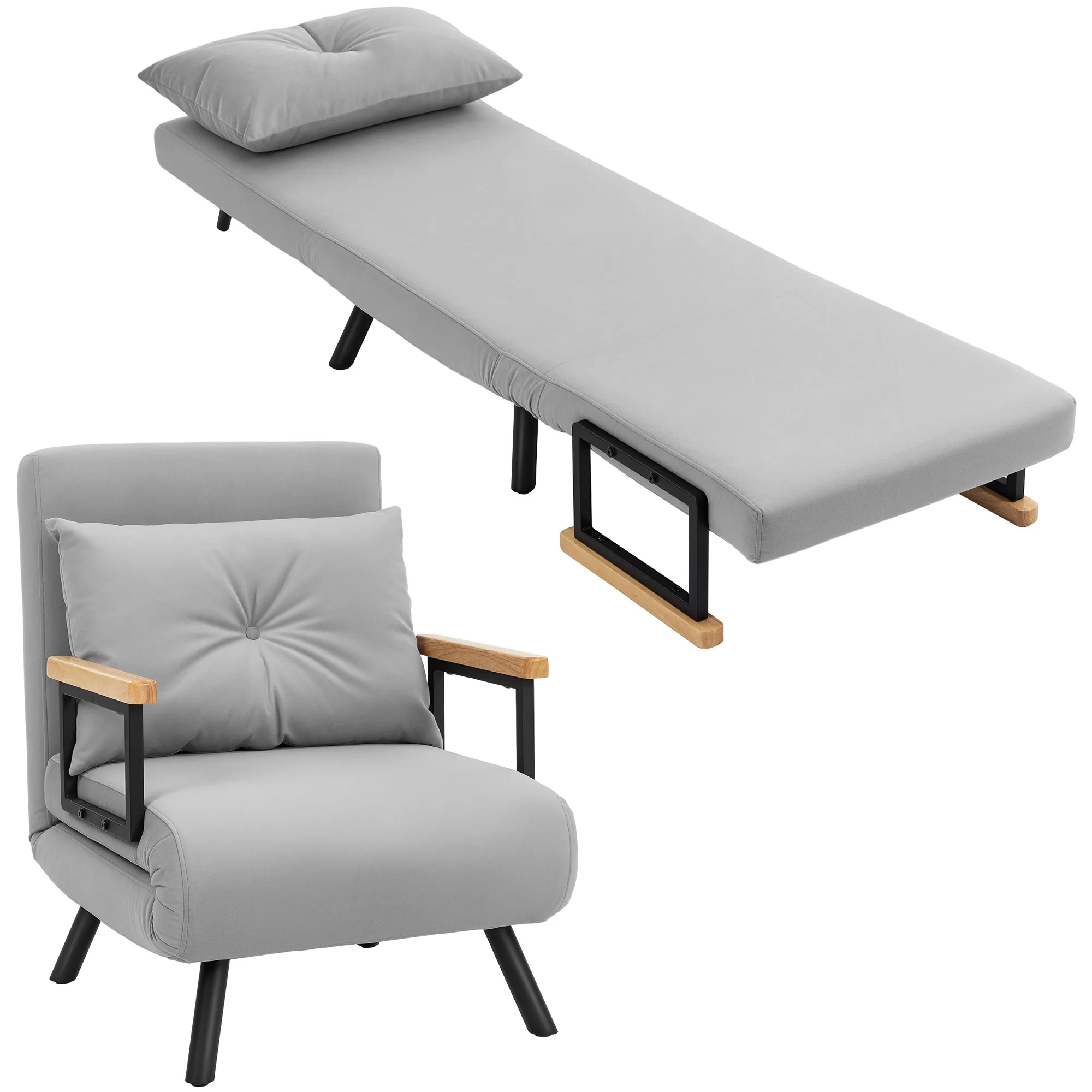 HOMCOM Sofá Cama de 4 en 1, Sofá Cama Plegable Tapizado en Terciopelo con Respaldo Ajustable de 5 Niveles y Almohada Acolchada, para Oficina, Dormitorio, Salón, Gris Claro