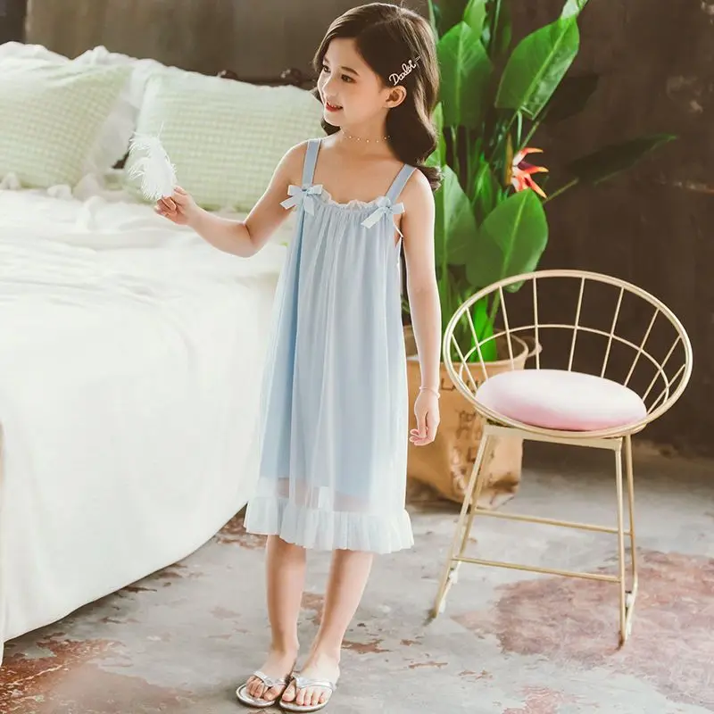 Camisón de manga corta de verano para niñas, camisón dulce y bonito de estilo Retro para niños, camisón decorativo con lazo, ropa de casa fina - imagen 5