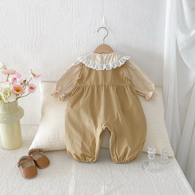 MILANCEL-Conjunto de ropa de otoño para niños pequeños, camisetas interiores de encaje con flores bordadas de 6M-3T + peleles coreanos sueltos para bebés, 2 uds. - imagen 2