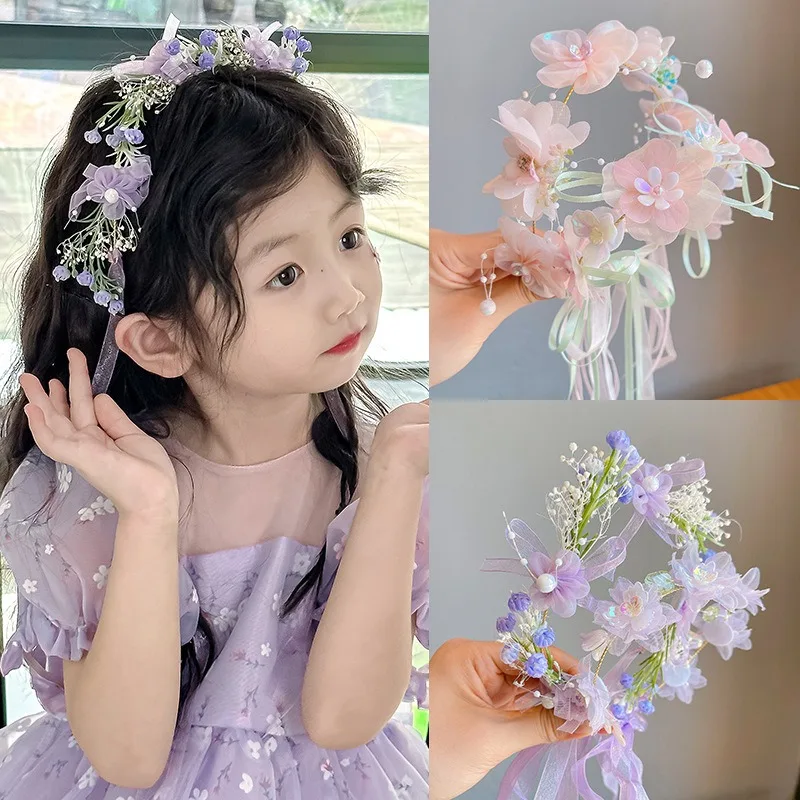 Tocado de encaje de flores y corona para niños, guirnalda de princesa bonita, cinta de perlas, broche para el pelo, accesorios para el cabello para niñas con flores de boda