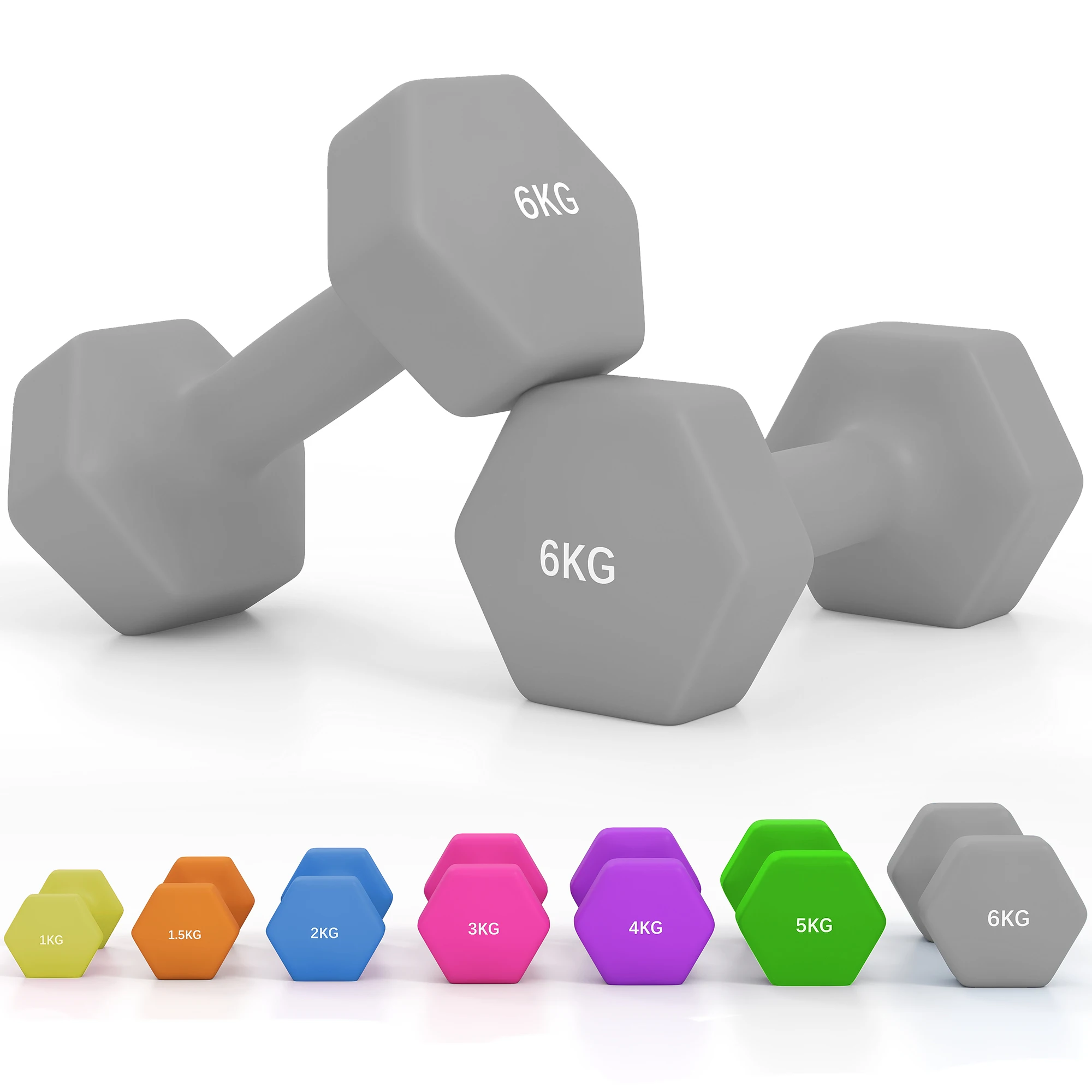 SPORTNOW Juego de Mancuernas Hexagonales, 2 x 6 kg, Recubiertas en Plástico, Juego de Pesas de Metal con Mangos Antideslizantes para Entrenamiento en Casa, Gimnasio y Oficina, Gris
