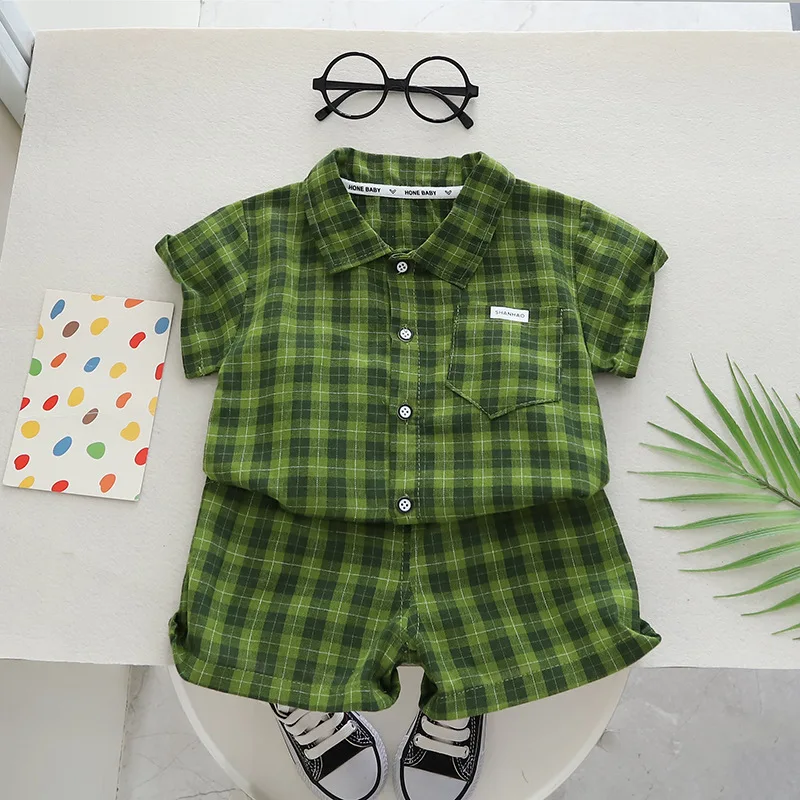 Conjunto de ropa de verano para bebé, traje de camisa a cuadros, pantalones cortos, chándal informal para niño pequeño, 2 unidades - imagen 4