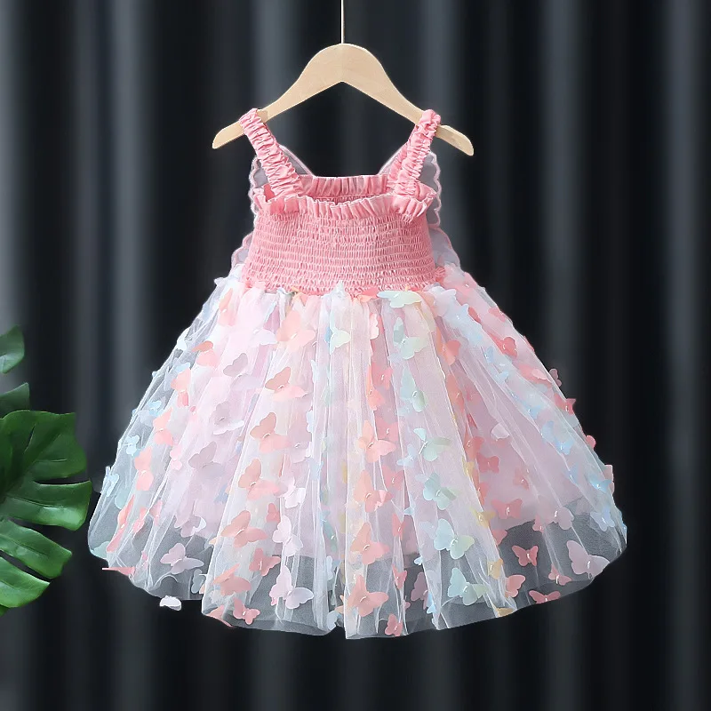 Vestido de verano para niñas pequeñas, dulce princesa, bordado de flores, volantes, sin mangas, lazo, tul, vestido de fiesta para niños pequeños con alas - imagen 4