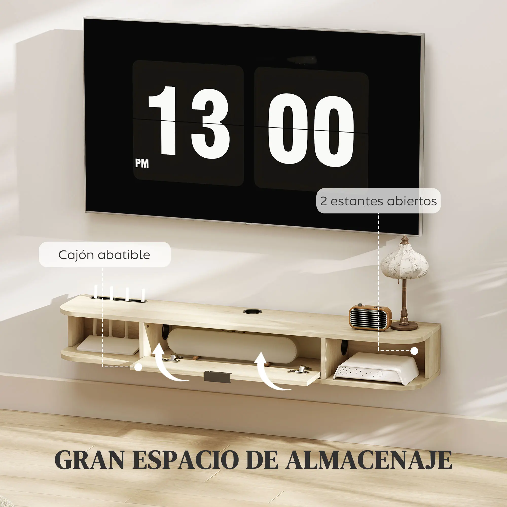 HOMCOM Mueble de TV Suspendido, Mueble de TV para Salón con Cajón Abatible, 2 Estantes Abiertos, Gestión de Cables, Estilo Moderno, para Televisión 50 Pulgadas, 120x24x16 cm, Madera Natural - imagen 5