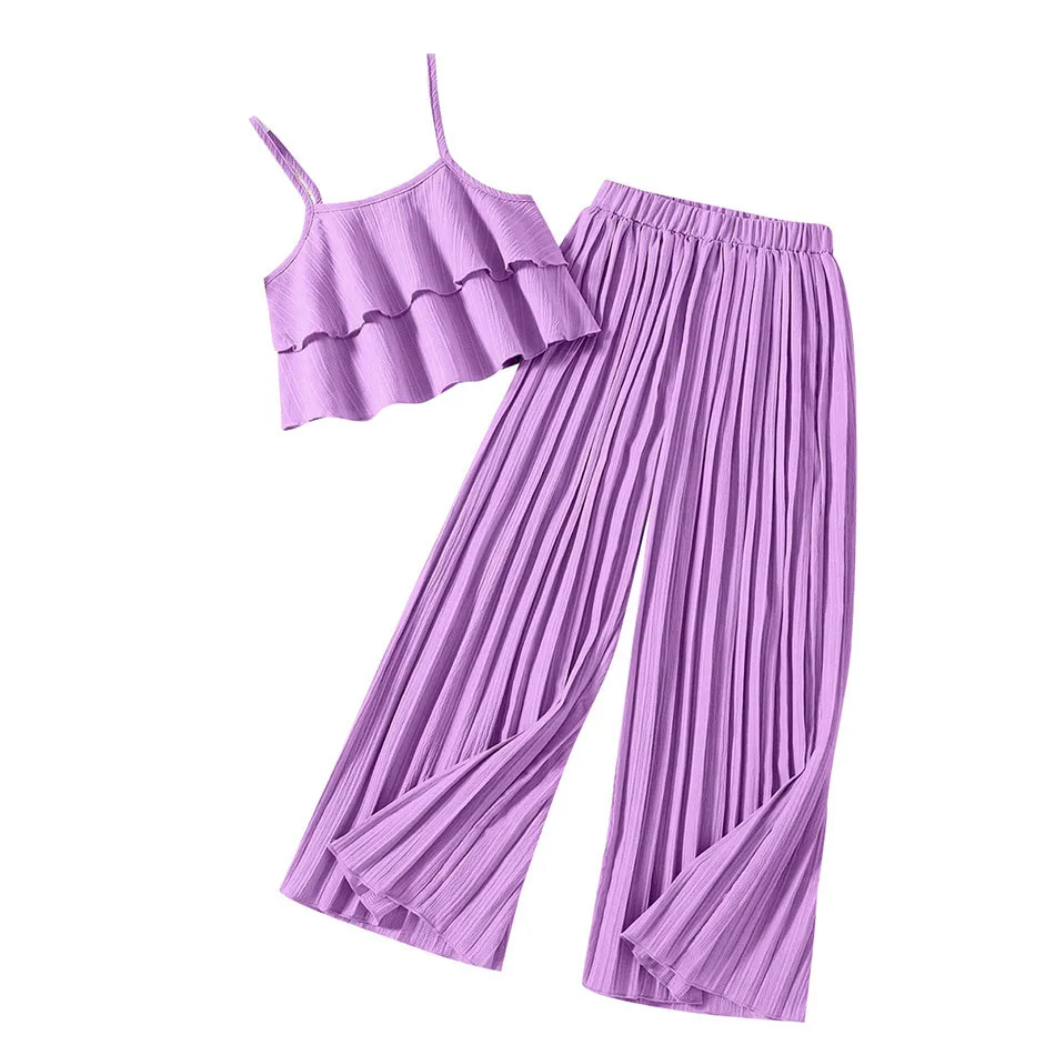 Conjunto de ropa elegante para niñas adolescentes, Top de tirantes con dobladillo con volantes y pantalones plisados, traje de 2 piezas, moda de verano - imagen 5