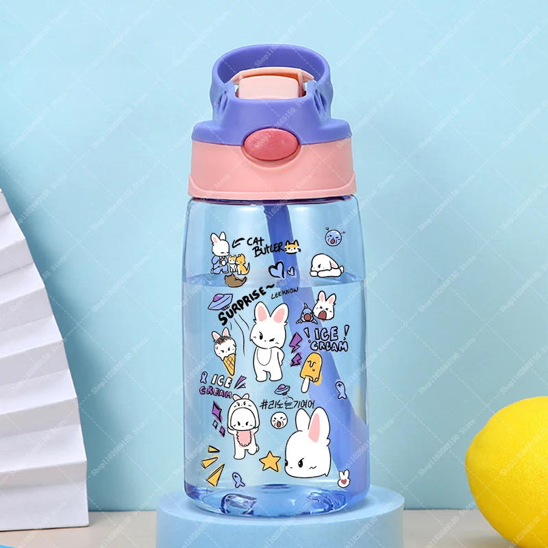 Botella de agua deportiva portátil para niños, taza de plástico para bebidas frías con pajita, contenedor de jugo bonito de dibujos animados para niños, regalo - imagen 4