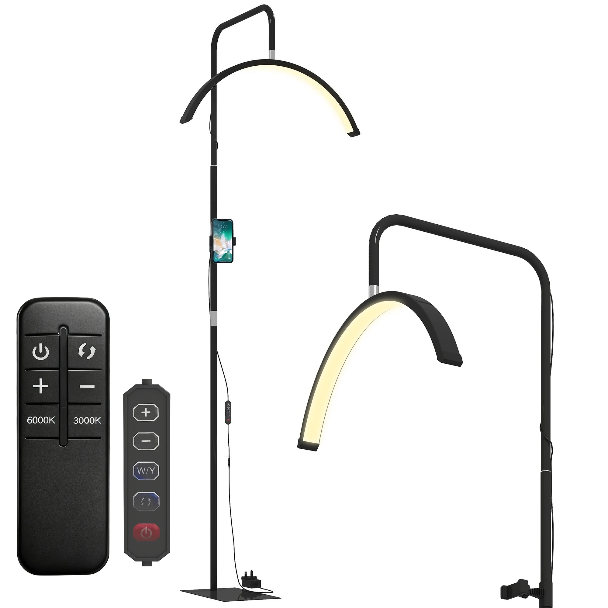 HOMCOM Lámpara Pestañas Media Luna, Lámpara de Pie con Cabeza Giratoria 350°, 7 Temperaturas de Color, Brillo Ajustable, Soporte para Teléfono, Control Remoto, para Uñas, Cuidado de Piel, Tatuajes