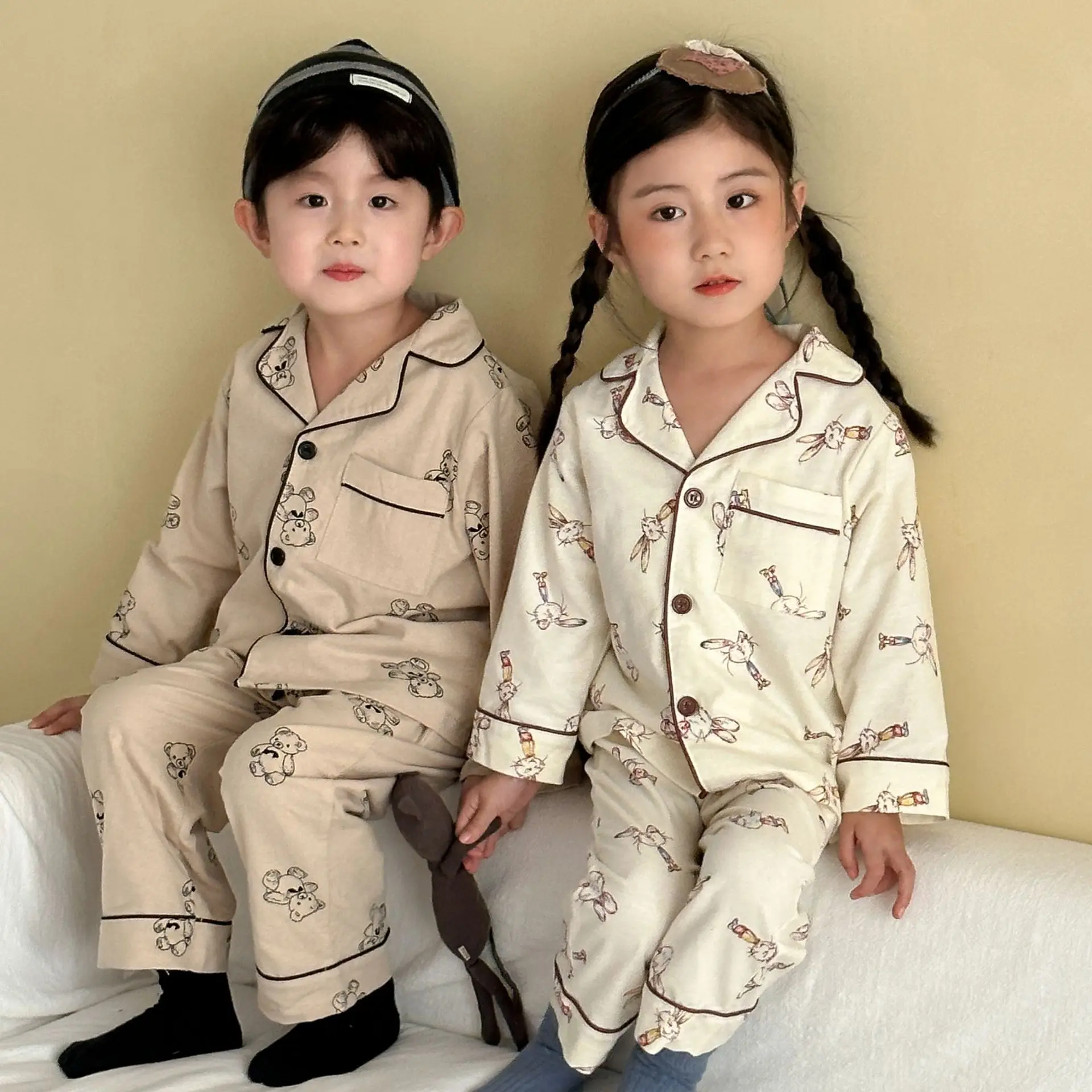 Conjunto de pijamas de otoño para niños, pijamas de manga larga con cuello vuelto para niños y niñas, conjunto de traje para casa de algodón para niños - imagen 5