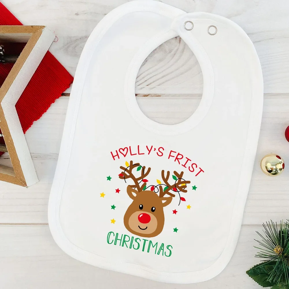 Primeros Baberos navideños personalizados para bebés, Babero de algodón con nombre, toalla de Saliva para recién nacidos, regalos de Navidad para vacaciones de invierno para bebés - imagen 5
