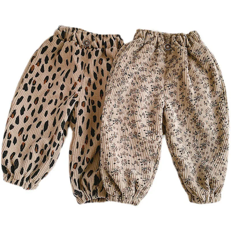 Otoño niños pantalones casuales 1-9T pana polar acolchado Floral niñas pantalones gruesos sueltos niños leopardo Harem pantalones - imagen 4