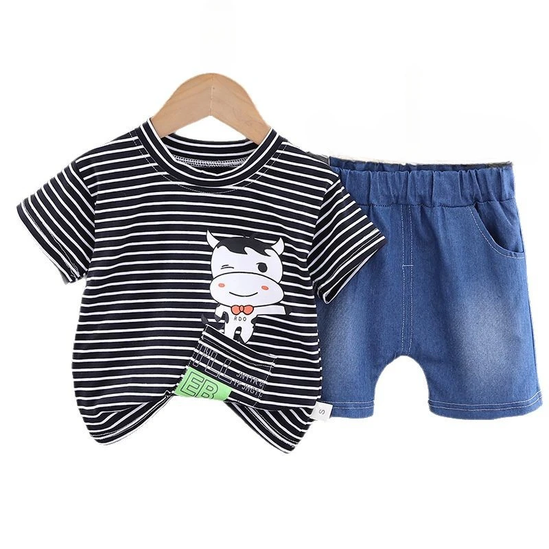 Nuevo conjunto de ropa de verano para bebés, ropa para niños, camiseta a rayas, pantalones cortos, 2 unids/set, disfraz informal de algodón para niños, chándales para niños